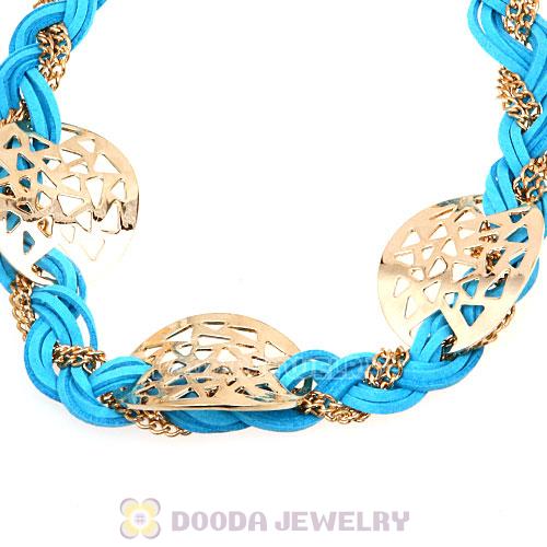 Ladies Gold Chain Cyan Braided Leather Collar Necklaces Wholesale