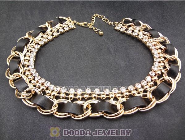 Gold Chain Ladies Rhinestone Leather Chunky Choker Bib Necklace Wholesale
