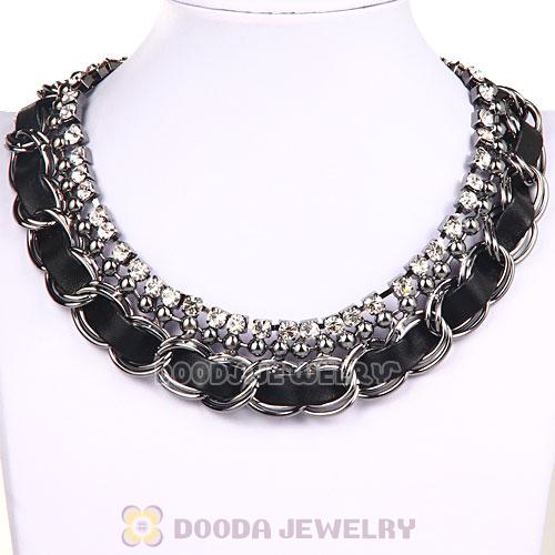 Gun Black Chain Ladies Rhinestone Leather Chunky Choker Bib Necklace Wholesale