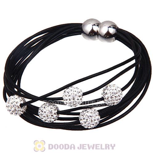 White Crystal Beads 19CM Black Leather Bracelet With Magnetic Clasp