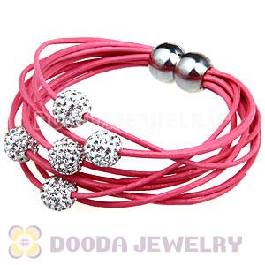 White Crystal Beads 19CM Pink Leather Bracelet With Magnetic Clasp