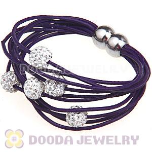 White Crystal Beads 19CM Purple Leather Bracelet With Magnetic Clasp
