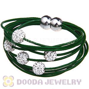 White Crystal Beads 19CM Green Leather Bracelet With Magnetic Clasp