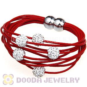 White Crystal Beads 19CM Red Leather Bracelet With Magnetic Clasp