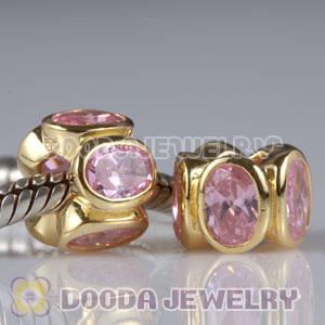 Gold Plated European 925 Silver Beads with Pink Stone