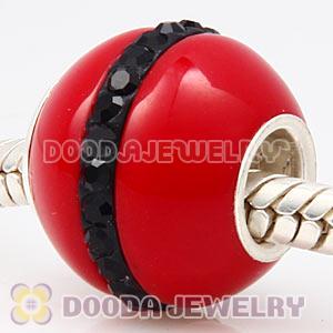 12mm Red Coral European Bead With Black Austrian Crystal In Silver Core 
