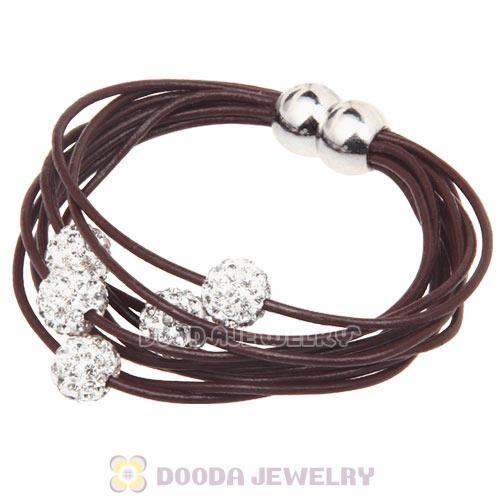 White Crystal Beads 19CM Mocha Leather Bracelet With Magnetic Clasp