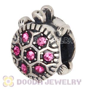 925 Sterling Silver European Turtle Charm Bead With Pave Rose Austrian Crystal