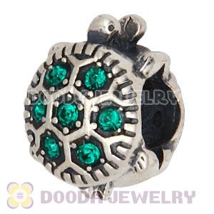 925 Sterling Silver European Turtle Charm Bead With Pave Emerald Austrian Crystal