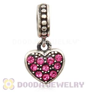 Sterling Silver European Rose Pave Heart Dangle With Rose Austrian Crystal