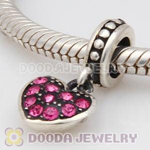 Sterling Silver European Rose Pave Heart Dangle With Rose Austrian Crystal
