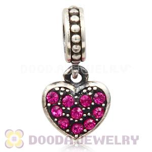 Sterling Silver European Fuchsia Pave Heart Dangle With Fuchsia Austrian Crystal