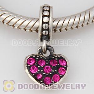 Sterling Silver European Fuchsia Pave Heart Dangle With Fuchsia Austrian Crystal