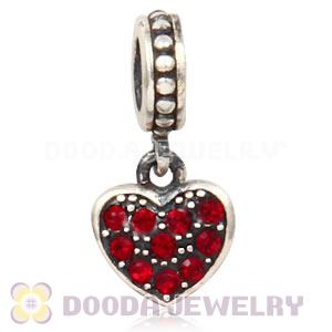 Sterling Silver European Siam Pave Heart Dangle With Siam Austrian Crystal