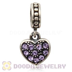 Sterling Silver European Violet Pave Heart Dangle With Violet Austrian Crystal