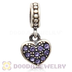 Sterling Silver European Tanzanite Pave Heart Dangle With Tanzanite Austrian Crystal