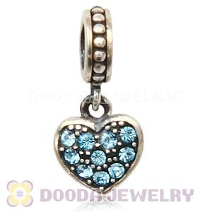 Sterling Silver European Aquamarine Pave Heart Dangle With Aquamarine Austrian Crystal