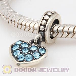 Sterling Silver European Aquamarine Pave Heart Dangle With Aquamarine Austrian Crystal
