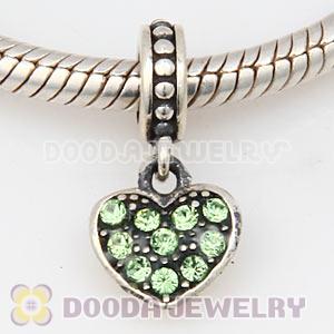 Sterling Silver European Peridot Pave Heart Dangle With Peridot Austrian Crystal