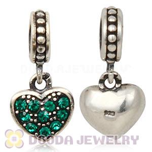 Sterling Silver European Emerald Pave Heart Dangle With Emerald Austrian Crystal