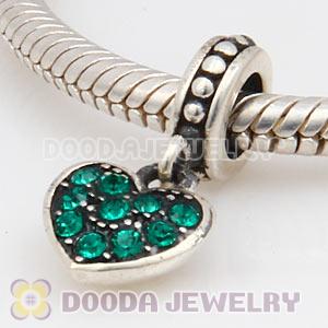 Sterling Silver European Emerald Pave Heart Dangle With Emerald Austrian Crystal