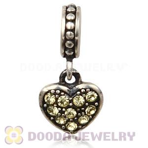 Sterling Silver European Jonquil Pave Heart Dangle With Jonquil Austrian Crystal