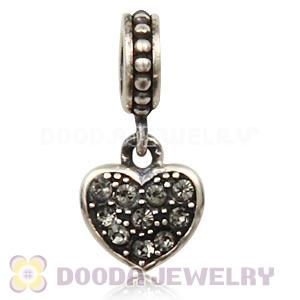 Sterling European Black Diamond Pave Heart Dangle With Black Diamond Austrian Crystal