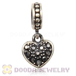Sterling European Jet Hematite Pave Heart Dangle With Jet Hematite Austrian Crystal