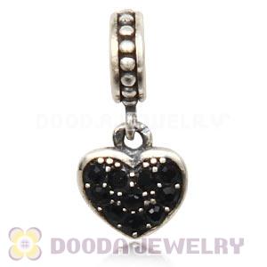 Sterling European Jet Pave Heart Dangle With Jet Austrian Crystal
