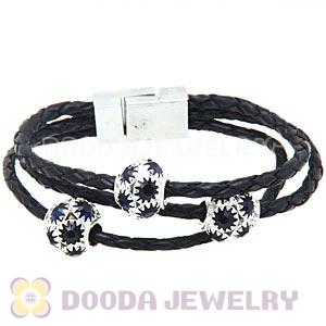 19CM Crystal Beads Black Braided Leather Bracelet With Magnetic Clasp