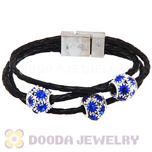 19CM Crystal Beads Black Braided Leather Bracelet With Magnetic Clasp