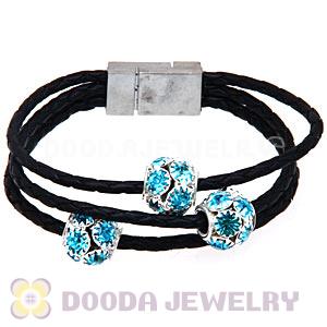 19CM Crystal Beads Black Braided Leather Bracelet With Magnetic Clasp