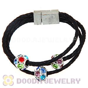 19CM Crystal Beads Black Braided Leather Bracelet With Magnetic Clasp