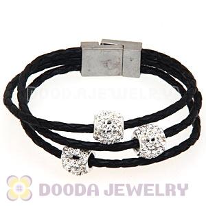 19CM Crystal Beads Black Braided Leather Bracelet With Magnetic Clasp