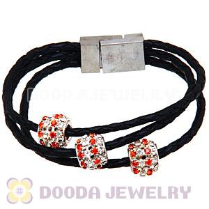 19CM Crystal Beads Black Braided Leather Bracelet With Magnetic Clasp