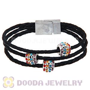 19CM Crystal Beads Black Braided Leather Bracelet With Magnetic Clasp