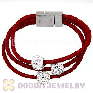 19CM Crystal Beads Red Braided Leather Bracelet With Magnetic Clasp