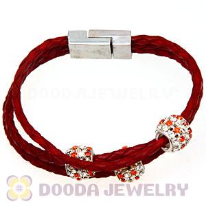 19CM Crystal Beads Red Braided Leather Bracelet With Magnetic Clasp