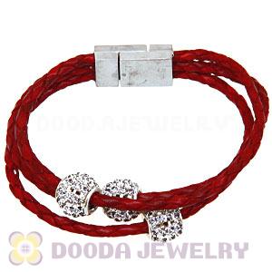 19CM Crystal Beads Red Braided Leather Bracelet With Magnetic Clasp