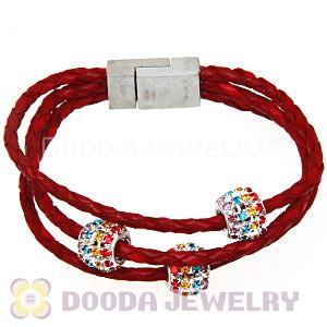 19CM Crystal Beads Red Braided Leather Bracelet With Magnetic Clasp