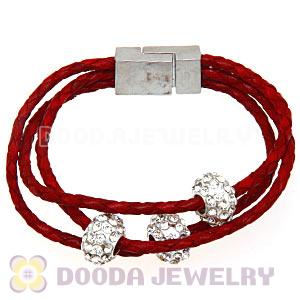 19CM Crystal Beads Red Braided Leather Bracelet With Magnetic Clasp