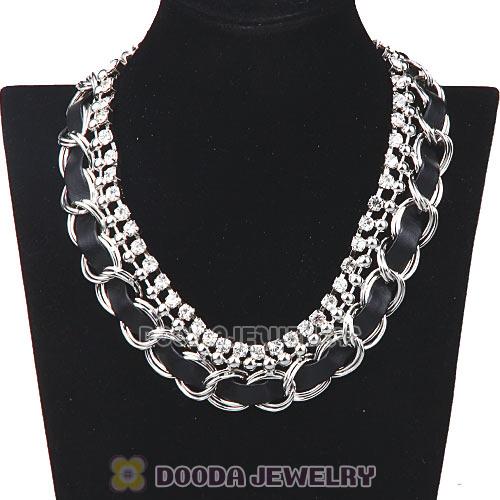 Silver Chain Ladies Rhinestone Leather Chunky Choker Bib Necklace Wholesale