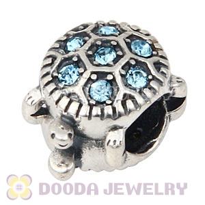 925 Sterling Silver European Turtle Charm Bead With Pave Aquamarine Austrian Crystal