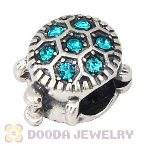 925 Sterling Silver European Turtle Charm Bead With Pave Blue Zircon Austrian Crystal