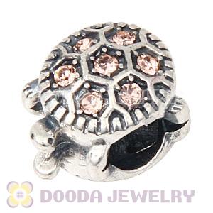 925 Sterling Silver European Turtle Charm Bead With Pave Light Peach Austrian Crystal