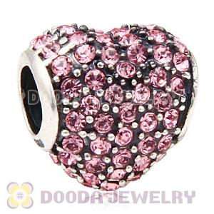 European Sterling Light Rose Pave Heart With Light Rose Austrian Crystal Charm