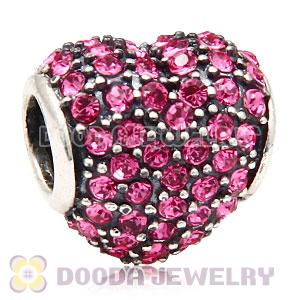 European Sterling Rose Pave Heart With Rose Austrian Crystal Charm