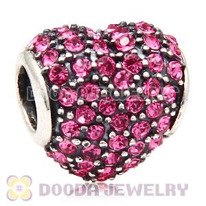 European Sterling Rose Pave Heart With Rose Austrian Crystal Charm