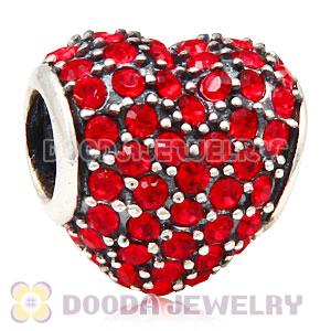 European Sterling Light Siam Pave Heart With Light Siam Austrian Crystal Charm