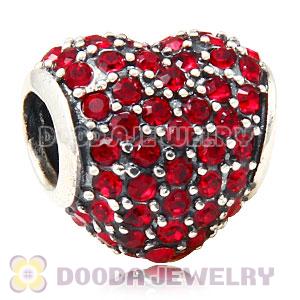 European Sterling Siam Pave Heart With Siam Austrian Crystal Charm